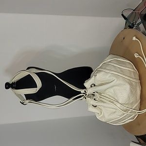 White leather Sache Purse Brass Color Tone Hardware.